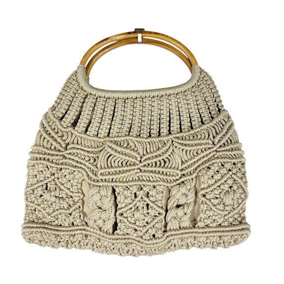 Macramé Handbag ~ Tan lined Boho Style bag with bamboo handles - Picture 1 of 7